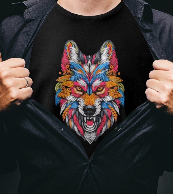 Pozol Wolf Colorful Psychedelic Animal Art T-Shirt