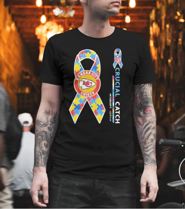 Kansas City Chiefs NFL Puzzle Ribbon Autism Awareness Crucial Catch T-Shirt