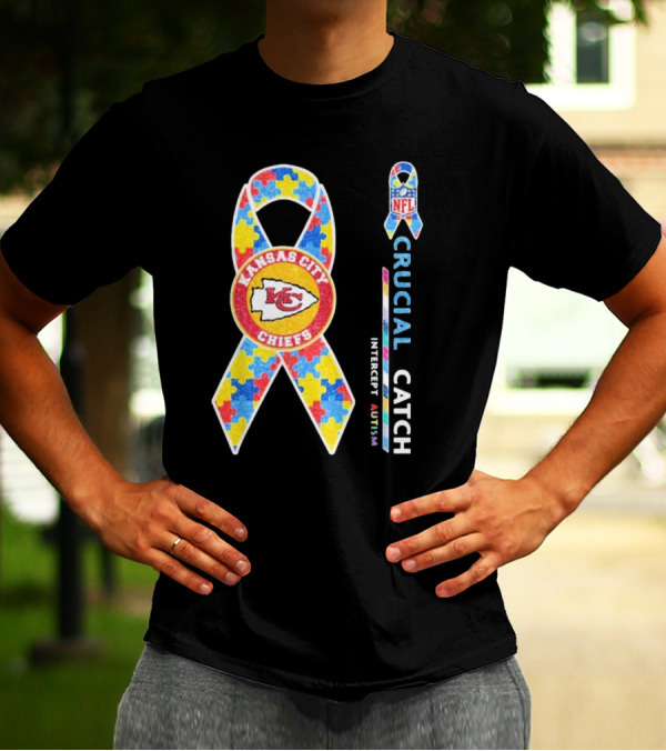 Kansas City Chiefs NFL Puzzle Ribbon Autism Awareness Crucial Catch T-Shirt
