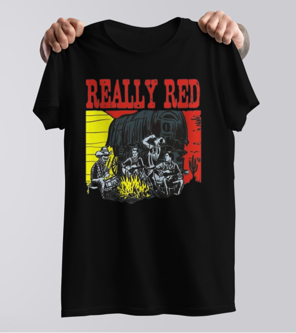 Really Red Cow Punks Campfire Scene With Musical Cowboys And Wagon T-Shirt