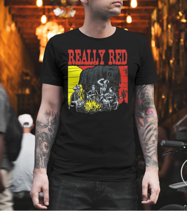 Really Red Cow Punks Campfire Scene With Musical Cowboys And Wagon T-Shirt