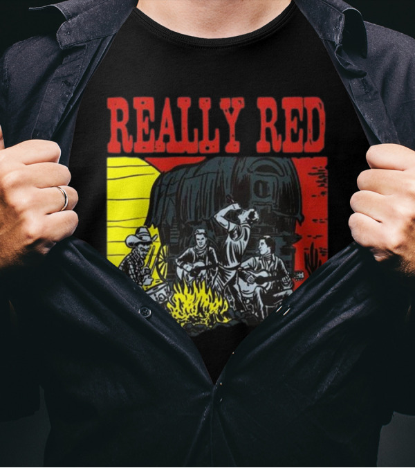 Really Red Cow Punks Campfire Scene With Musical Cowboys And Wagon T-Shirt