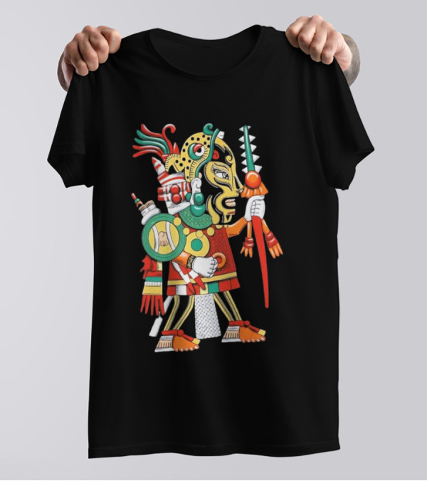 Aztec Warrior With Ritual Skull Staff And Feathered Headdress T-Shirt