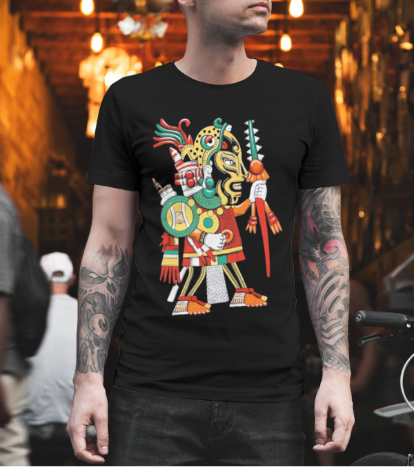 Aztec Warrior With Ritual Skull Staff And Feathered Headdress T-Shirt