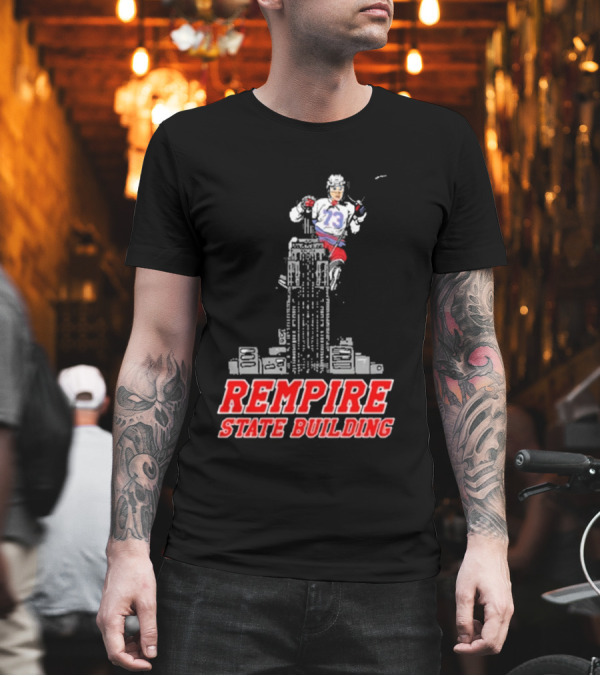 Rempire State Building Red And Blue Hockey Player Skyscraper Concept T-Shirt