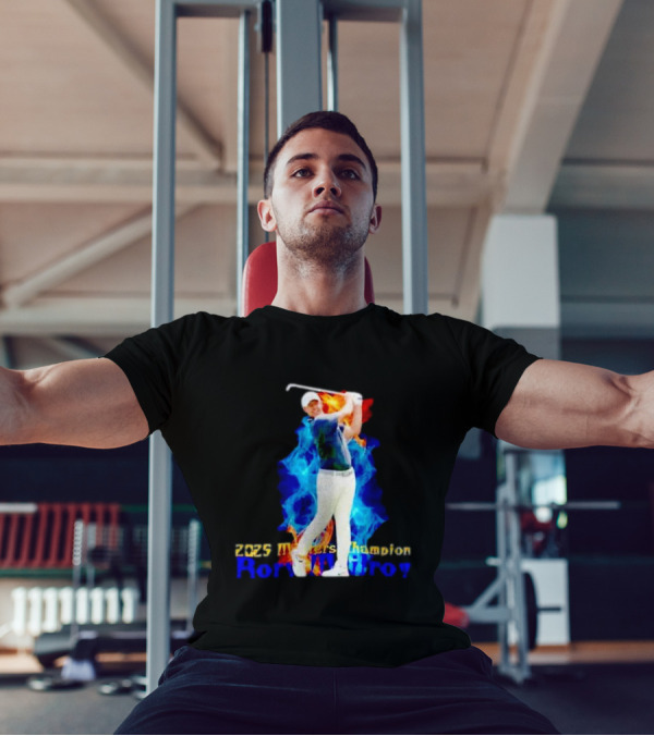 Rory McIlroy 2025 Masters Champion Golf Swing With Fire And Blue Flame Background T-Shirt