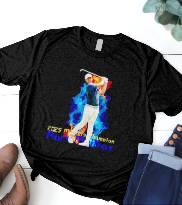 Rory McIlroy 2025 Masters Champion Golf Swing With Fire And Blue Flame Background T-Shirt
