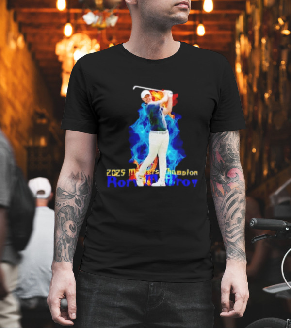 Rory McIlroy 2025 Masters Champion Golf Swing With Fire And Blue Flame Background T-Shirt