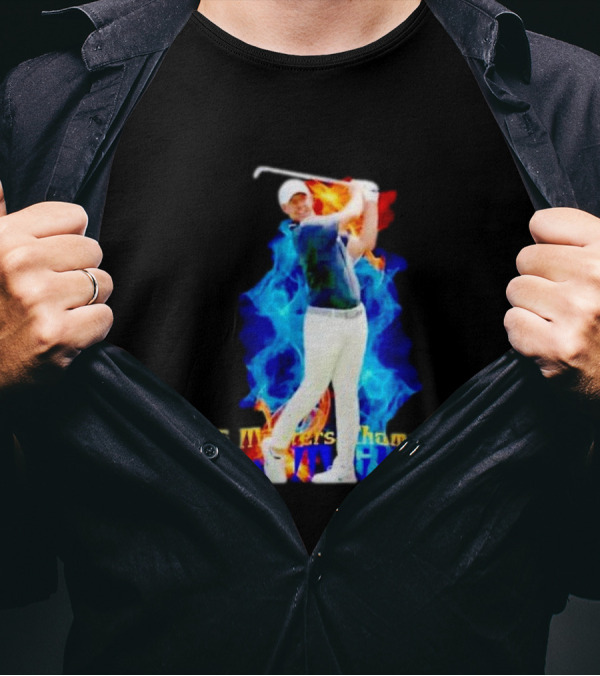 Rory McIlroy 2025 Masters Champion Golf Swing With Fire And Blue Flame Background T-Shirt