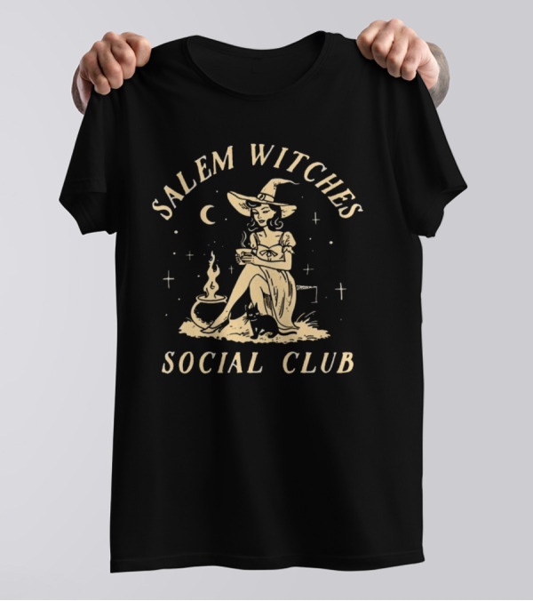 Salem Witches Social Club Halloween Witch With Cauldron And Moon T-Shirt