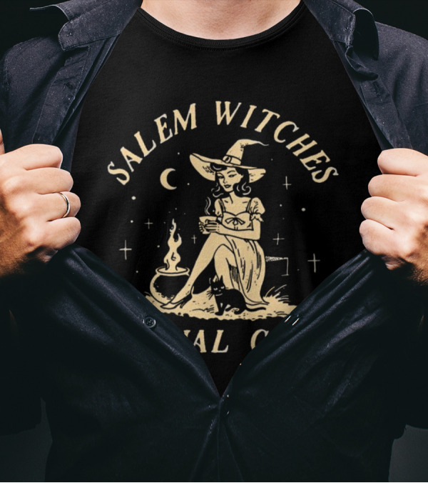 Salem Witches Social Club Halloween Witch With Cauldron And Moon T-Shirt