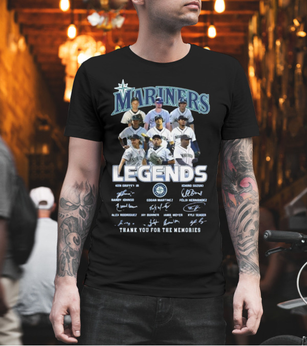 Seattle Mariners Legends Ken Griffey Jr Ichiro Suzuki Edgar Martinez Signatures Thank You For The Memories 2025 T-Shirt