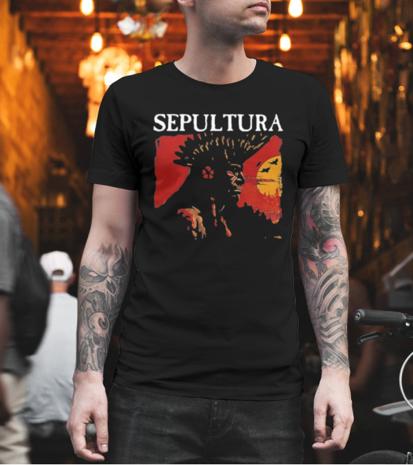 Sepultura Celebrating Life Through Death Black Sunburst And Sunset Scene T-Shirt
