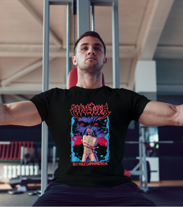 Sepultura Schizophrenia Album Art With Red-Eyed Beast And Man In Straitjacket T-Shirt