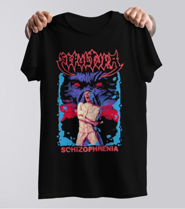 Sepultura Schizophrenia Album Art With Red-Eyed Beast And Man In Straitjacket T-Shirt