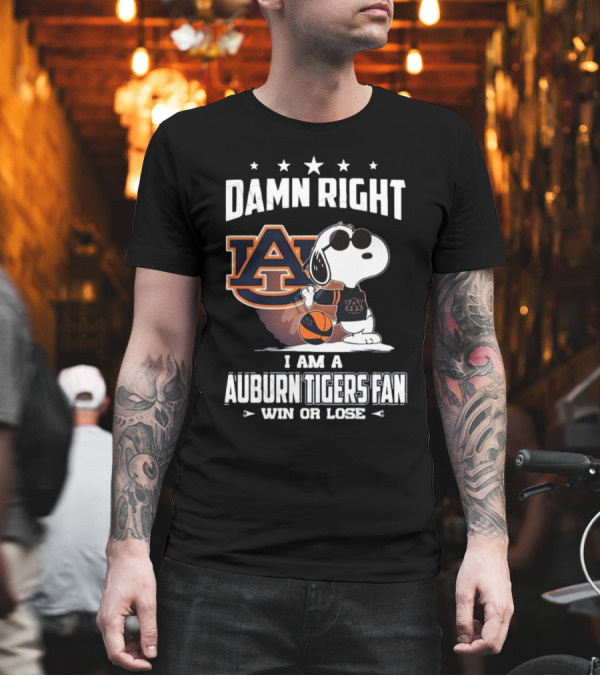 Damn Right I Am A Auburn Tigers Fan Win Or Lose Snoopy Auburn Logo T-Shirt