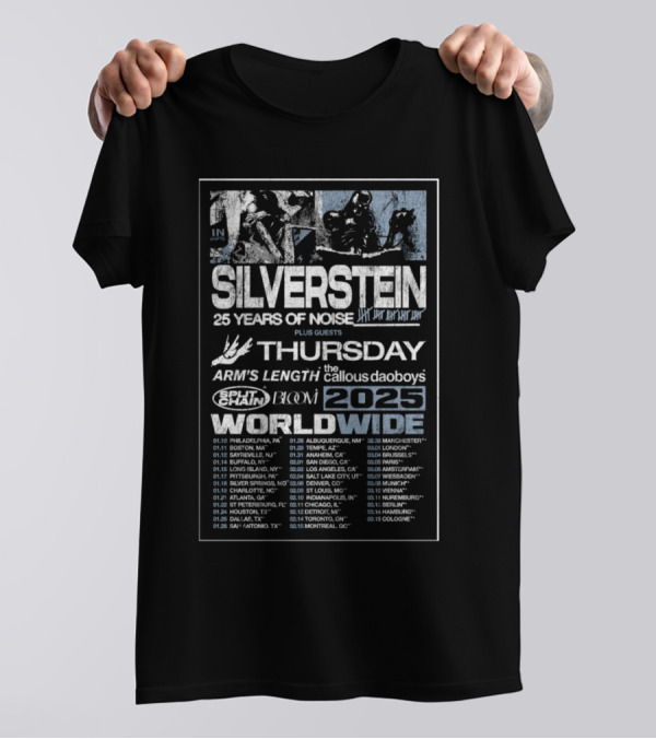 Silverstein 25 Years Of Noise Tour 2025 Featuring Thursday Arms Length SeeYouSpaceCowboy Bloom Worldwide Dates T-Shirt