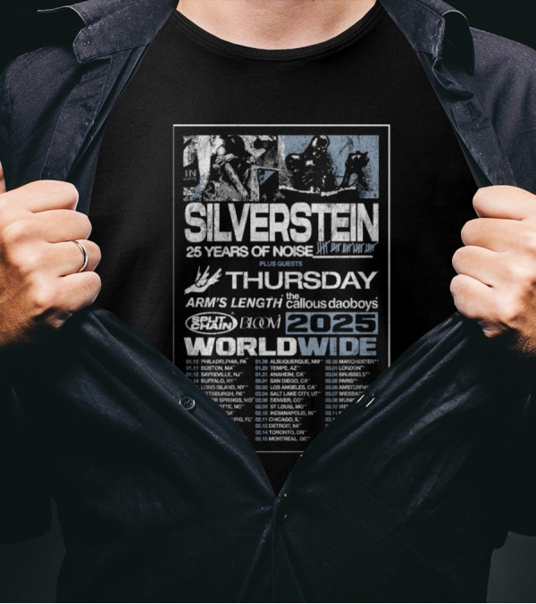 Silverstein 25 Years Of Noise Tour 2025 Featuring Thursday Arms Length SeeYouSpaceCowboy Bloom Worldwide Dates T-Shirt