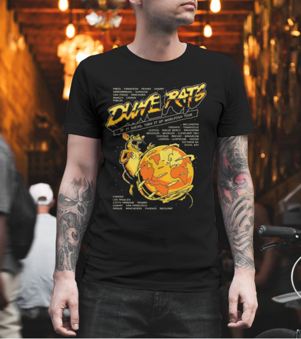 Dune Rats Worldish Tour If It Sucks With Cartoon Rat And Flaming Earth T-Shirt