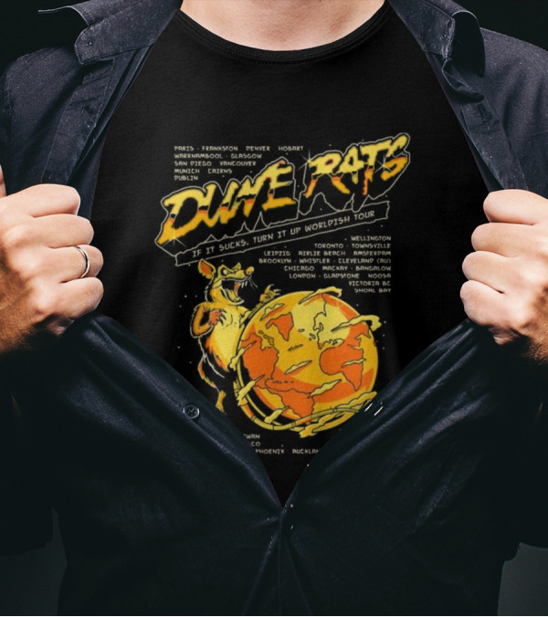 Dune Rats Worldish Tour If It Sucks With Cartoon Rat And Flaming Earth T-Shirt