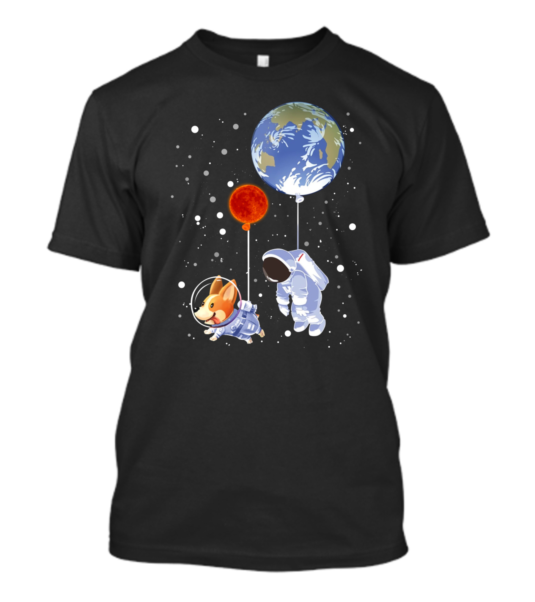 Corgi Astronaut And Human Floating With Earth And Mars Balloons In Space T-Shirt