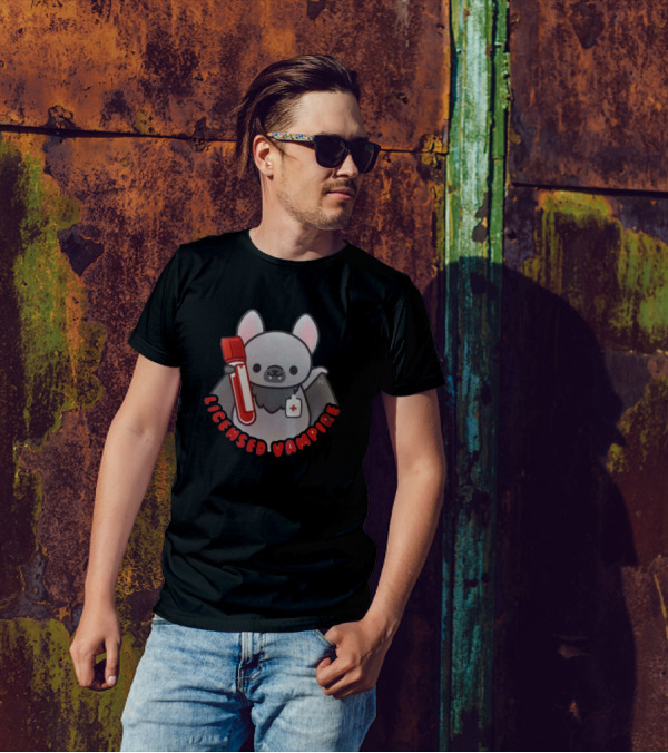 Licensed Vampire Bat Holding Blood Sample Tube T-Shirt