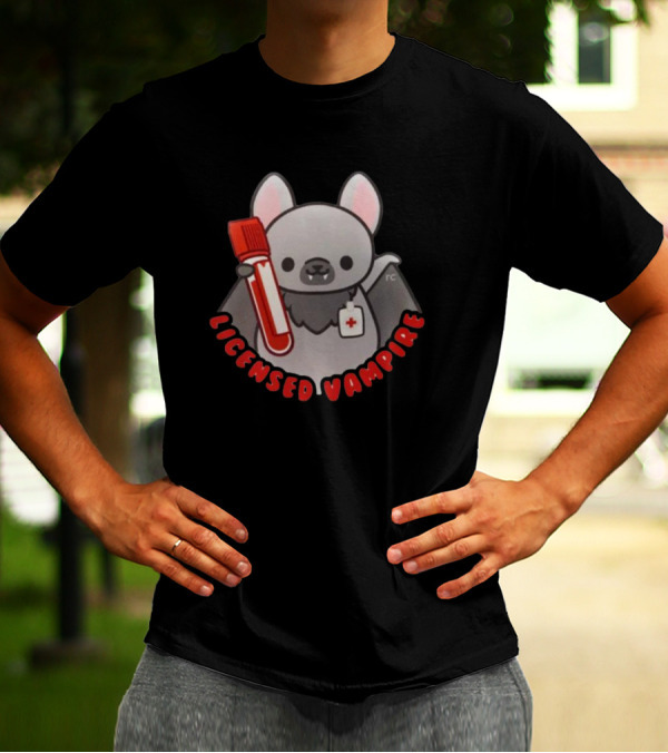 Licensed Vampire Bat Holding Blood Sample Tube T-Shirt