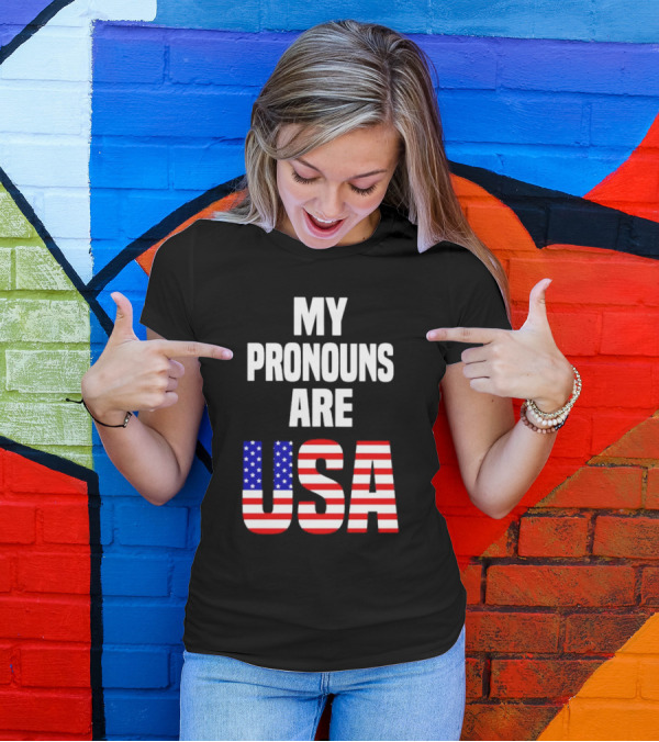 My Pronouns Are USA Flag Text Online Merchandise T-Shirt