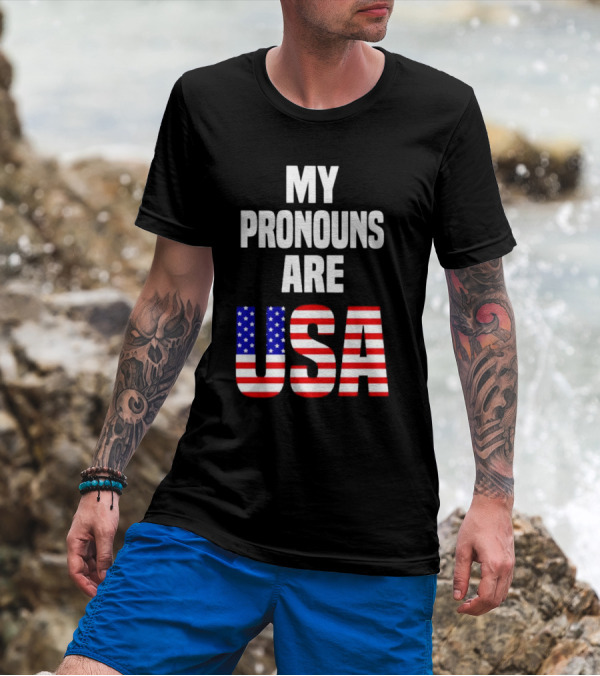 My Pronouns Are USA Flag Text Online Merchandise T-Shirt