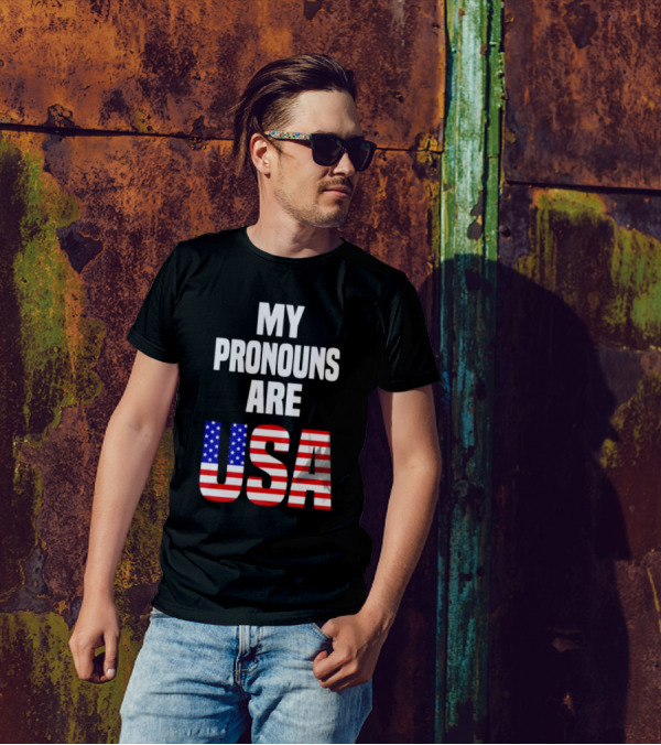 My Pronouns Are USA Flag Text Online Merchandise T-Shirt