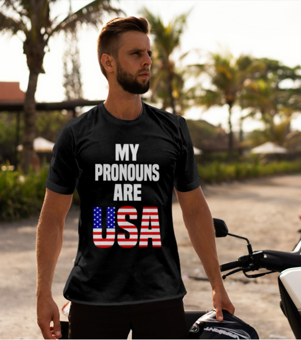 My Pronouns Are USA Flag Text Online Merchandise T-Shirt