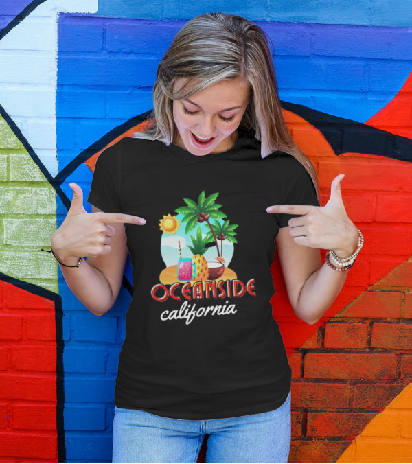 Oceanside California Tropical Beach Scene With Palm Trees, Sun, Pineapple, Coconut Drink, And Refreshing Beverage T-Shirt