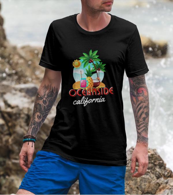 Oceanside California Tropical Beach Scene With Palm Trees, Sun, Pineapple, Coconut Drink, And Refreshing Beverage T-Shirt