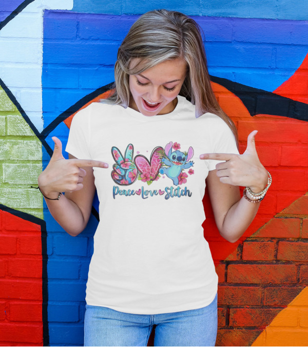 Peace Love Stitch Flower Hibiscus Iconic Character T-Shirt