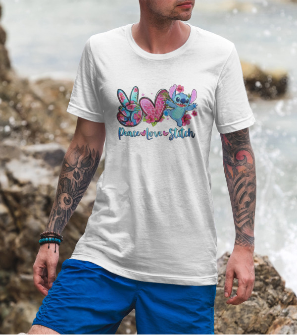 Peace Love Stitch Flower Hibiscus Iconic Character T-Shirt