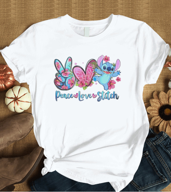 Peace Love Stitch Flower Hibiscus Iconic Character T-Shirt