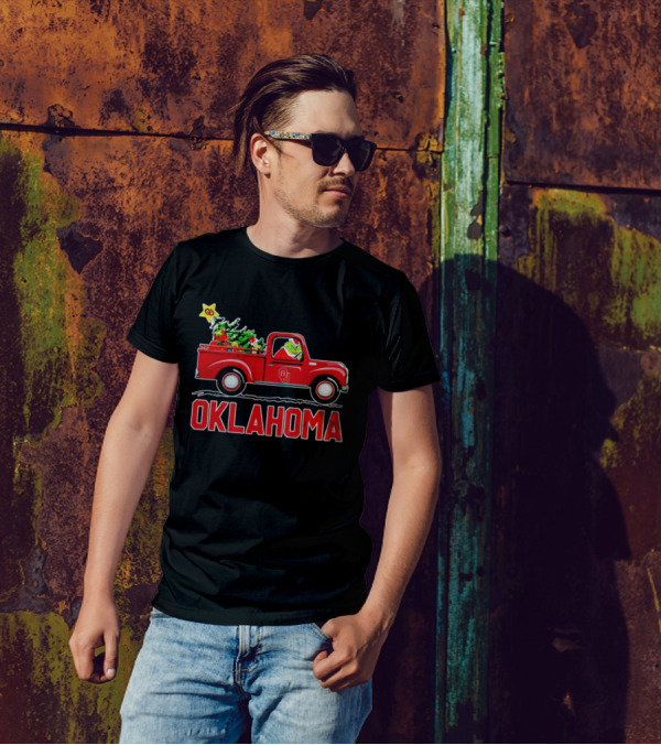 Grinch Driving Red Truck With Christmas Tree And Oklahoma Sooners T-Shirt