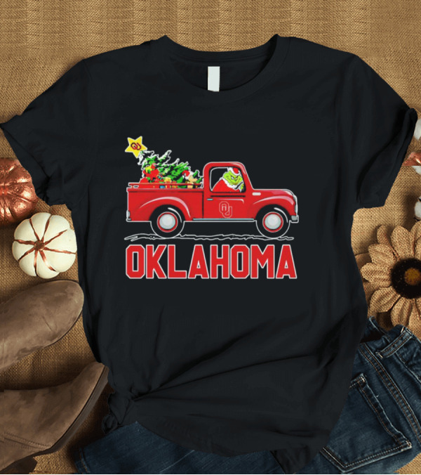 Grinch Driving Red Truck With Christmas Tree And Oklahoma Sooners T-Shirt