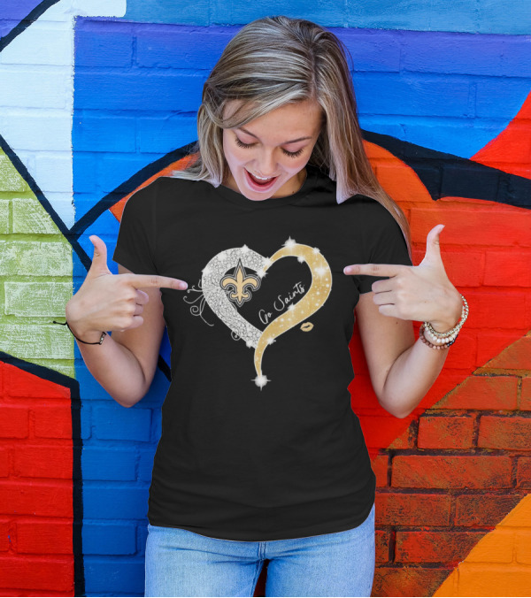New Orleans Saints Go Saints Fleur-de-Lis Diamond Heart With Gold Sparkle T-Shirt
