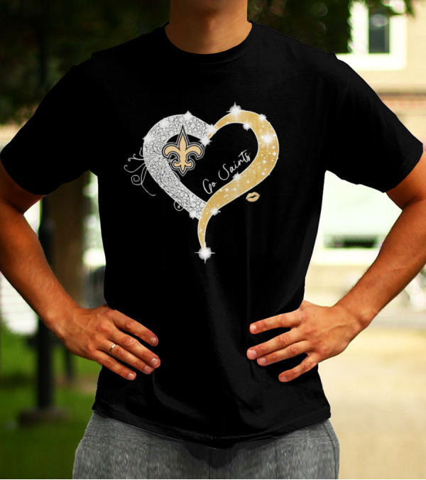 New Orleans Saints Go Saints Fleur-de-Lis Diamond Heart With Gold Sparkle T-Shirt