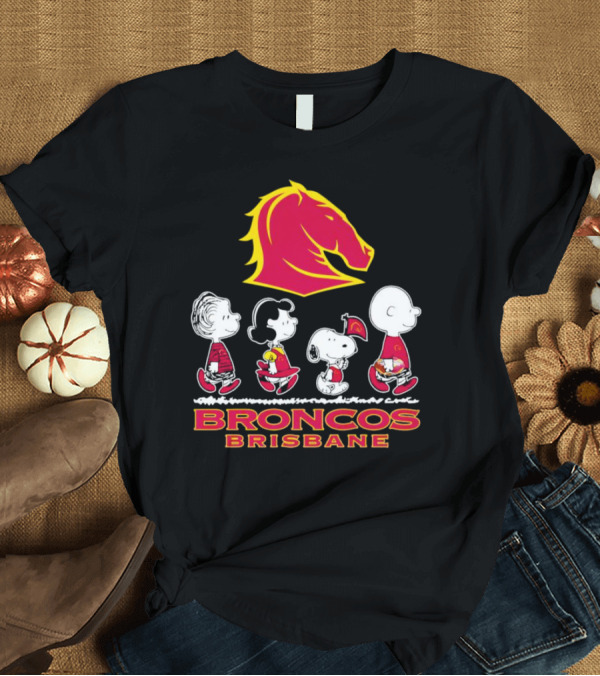Broncos Brisbane Peanuts Characters Walking Under Horse T-Shirt