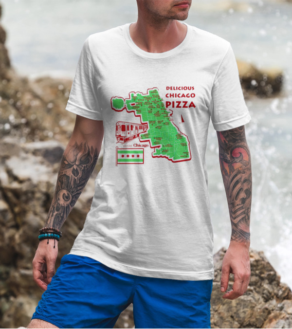 Chicago Map Train Flag Delicious Chicago Pizza T-Shirt