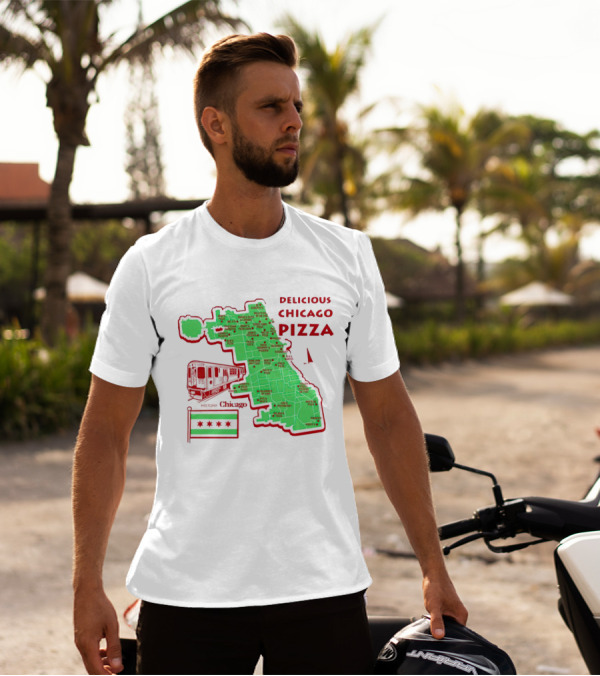 Chicago Map Train Flag Delicious Chicago Pizza T-Shirt