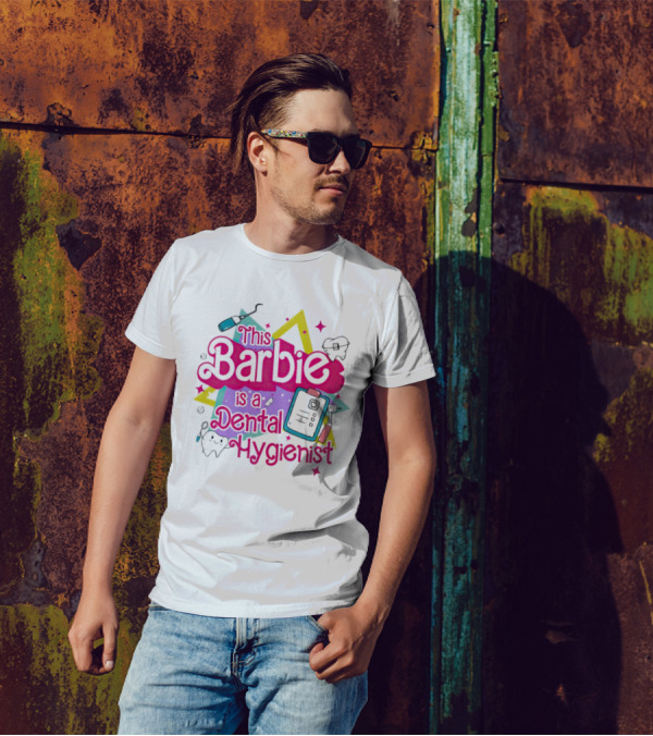 This Barbie Is A Dental Hygienist Playful Pink Text With Dental Tools T-Shirt