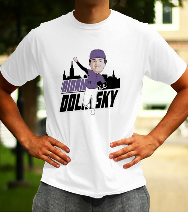 Aidan Dolinsky 55 Purple Baseball Caricature With City Skyline T-Shirt