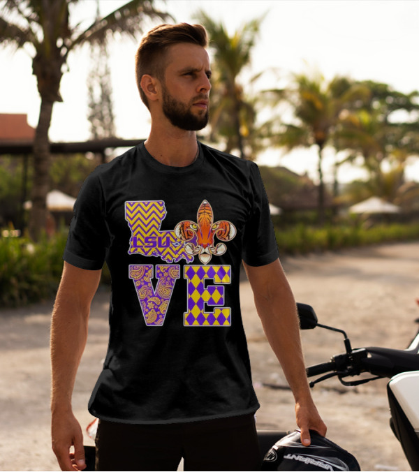 LSU Tigers Love Fleur De Lis Louisiana Purple Gold Chevron Paisley Harlequin T-Shirt