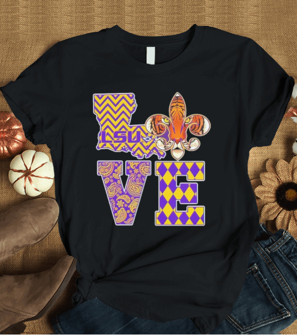 LSU Tigers Love Fleur De Lis Louisiana Purple Gold Chevron Paisley Harlequin T-Shirt