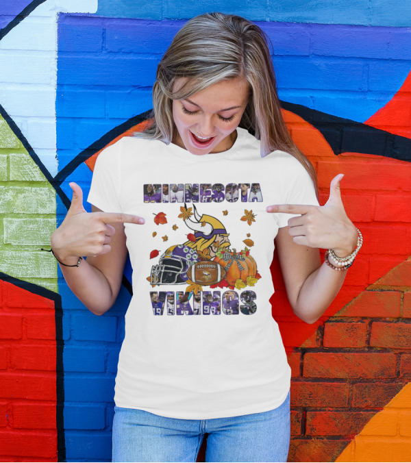 Minnesota Vikings Football Fall Leaves Helmet Pumpkin T-Shirt