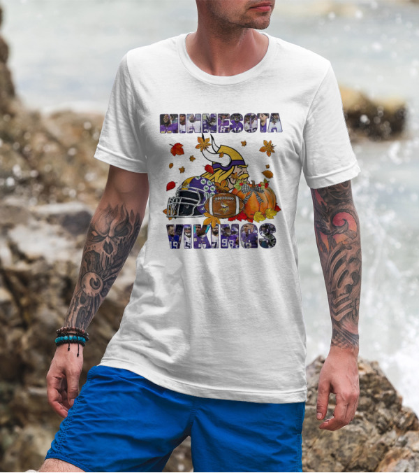 Minnesota Vikings Football Fall Leaves Helmet Pumpkin T-Shirt