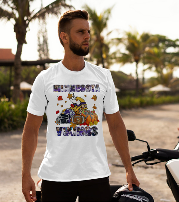 Minnesota Vikings Football Fall Leaves Helmet Pumpkin T-Shirt